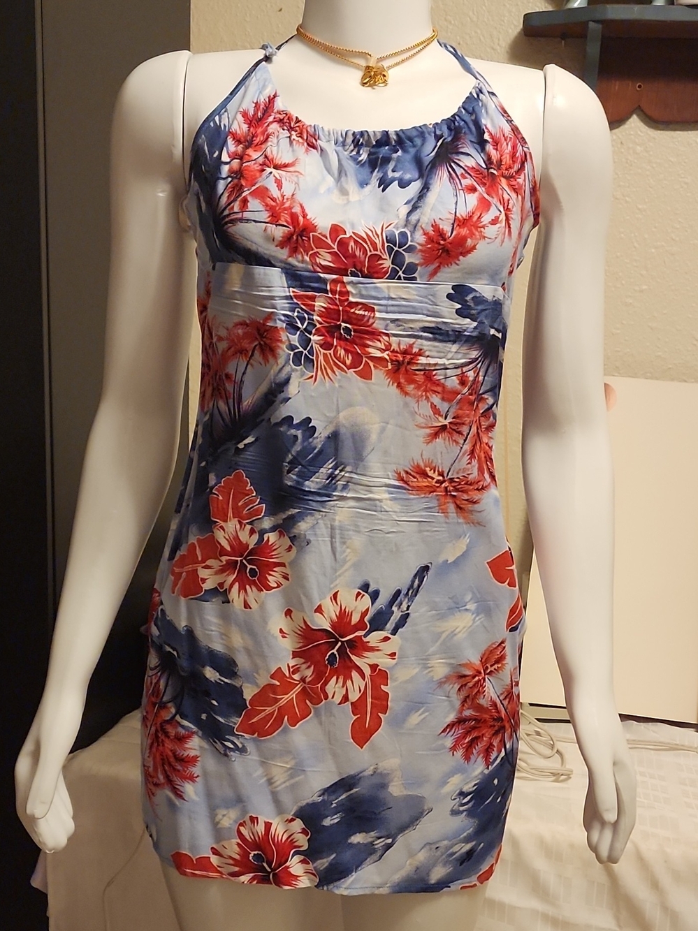 Red & Blue Floral Halter Mini Dress
